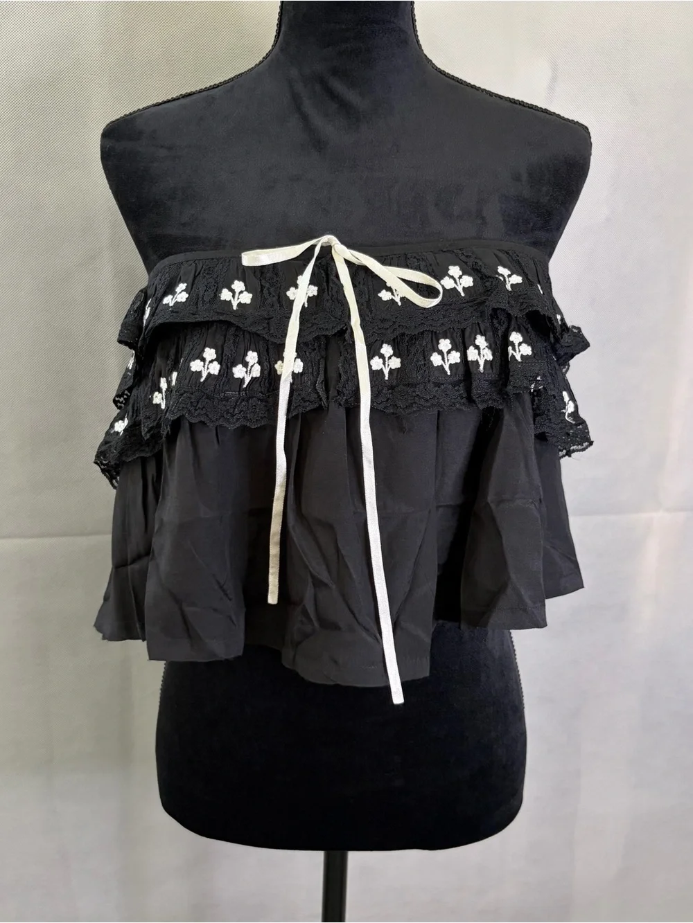 Free People Black Strapless Ruffle Crop Top with White Tie